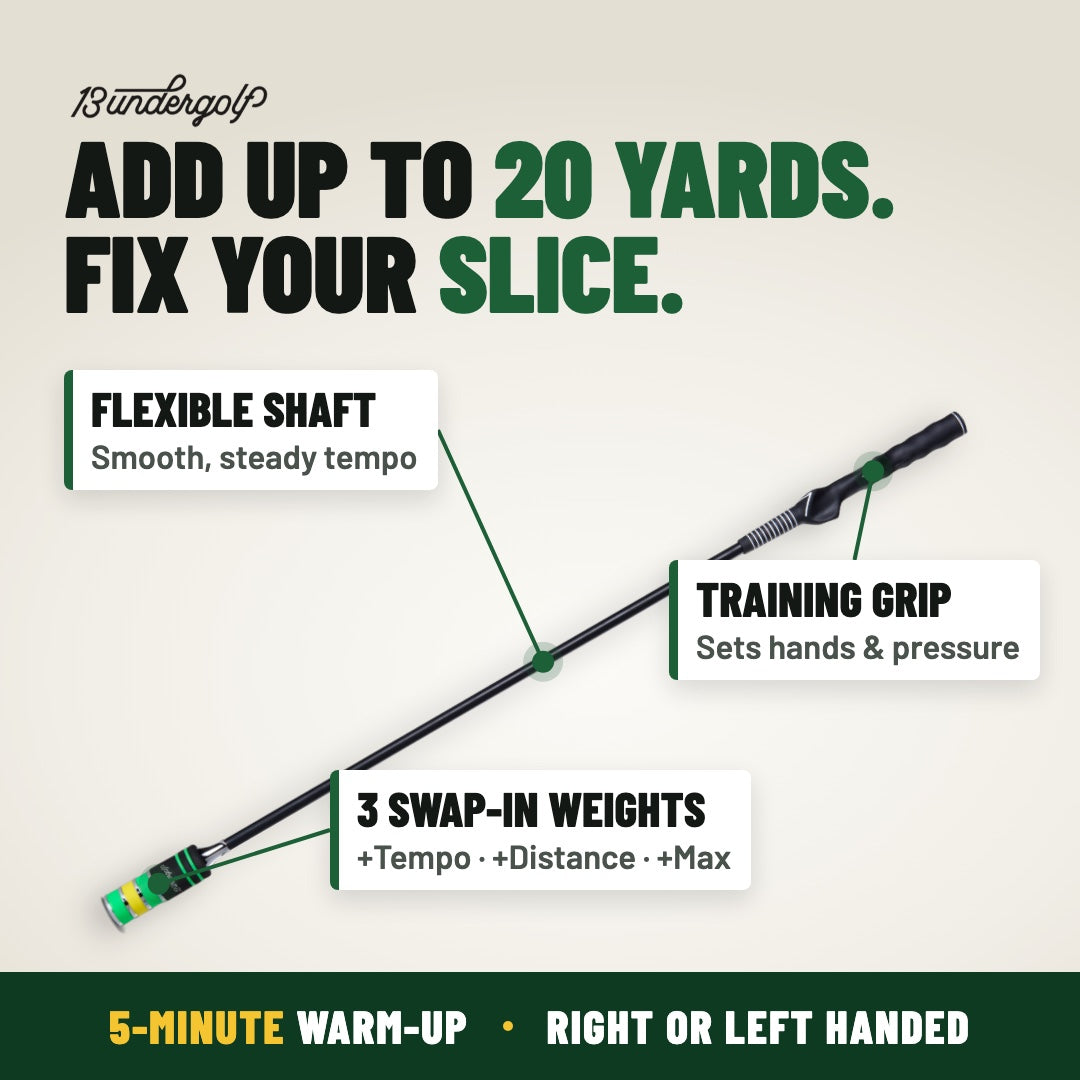 TA25 swing trainer: add up to 20 yards and fix your slice. Training grip, flexible shaft, 3 swap-in weights.