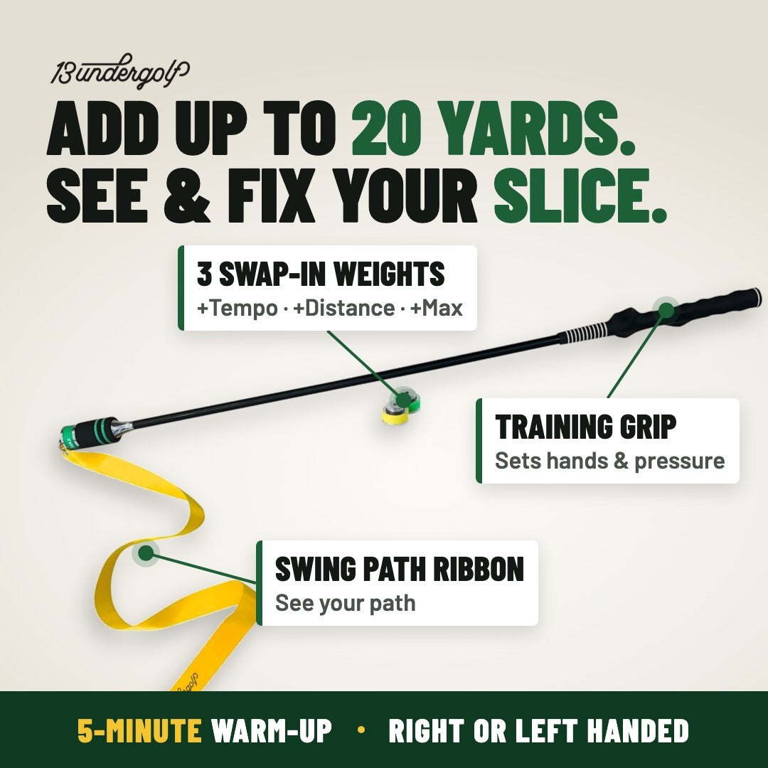 TA25R swing trainer: add up to 20 yards and fix your slice. Training grip, 3 swap-in weights, swing path ribbon.
